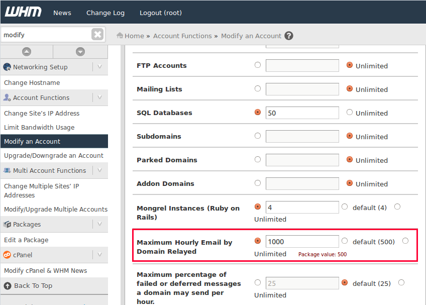 Set Max Hourly Email Limit Per Account In CPanel
